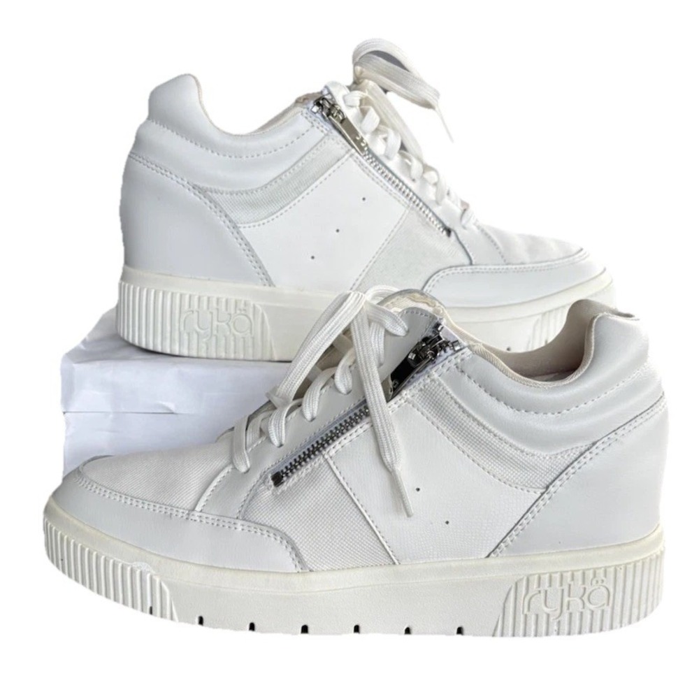 Ryka Victory Wedge Leather Women Sz 10 White Side Zipper Streetwear Comfort Shoe